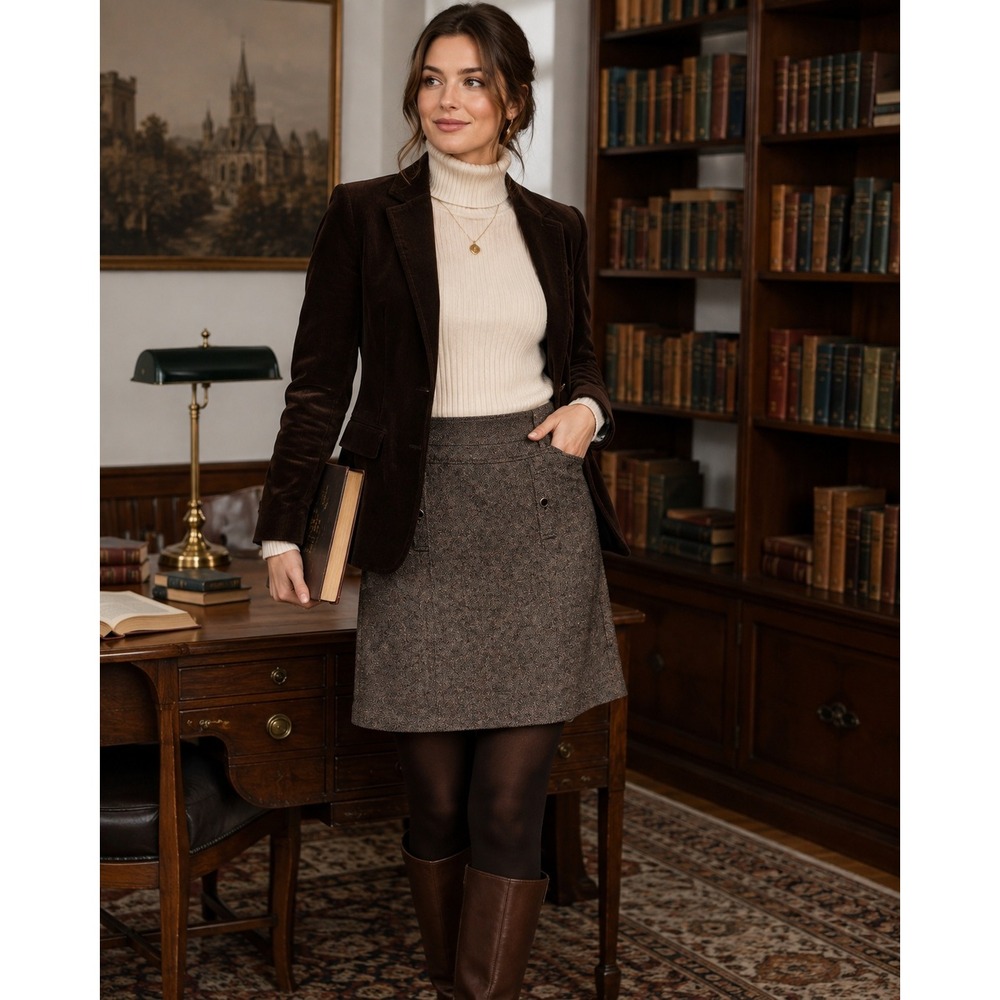 Talbots‎ Tweed A-Line Skirt 12P Brown Wool Blend Button Detail Dark Academia